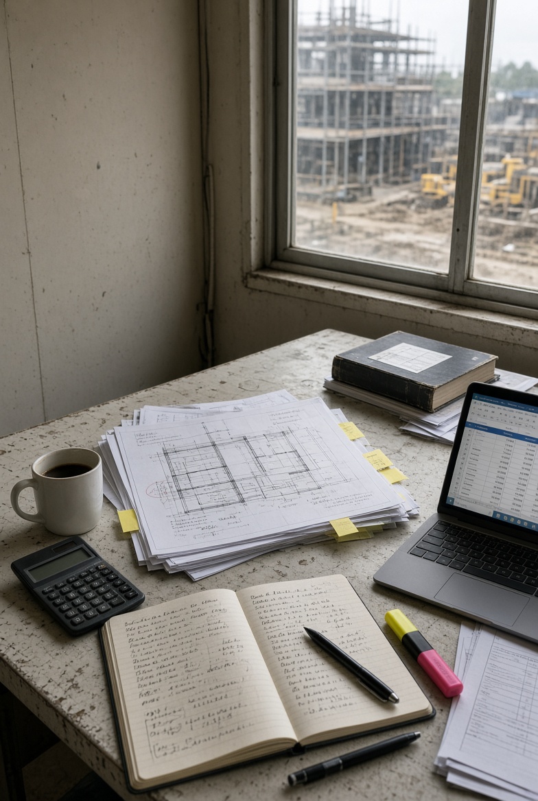 Messy construction project paperwork in a site office